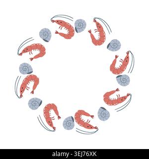 Cute Shrimp and Seashell Round Frame Vector Illustration Stock Vector
