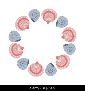 Sea Shell Wreath Round Vector Frame with Scallops Stock Vector