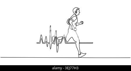 Continuous Line Drawing of a Man Running with Heartbeat Pulse Stock Vector