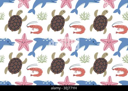 Cute Marine Life Seamless Pattern Vector illustration Stock Vector