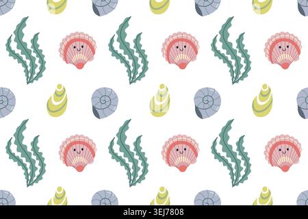 Cute Seashells and Seaweed Seamless Pattern Vector illustration Stock Vector
