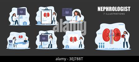 Nephrologist concept. Set of different situations for medical professionals and patients. Examination and diagnosis, consultation and treatment Stock Vector