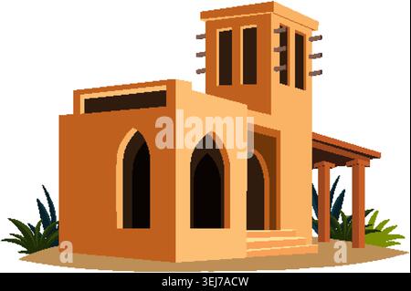 Vector illustration of an Arabic adobe house with wind tower, arches, and desert plants Stock Vector