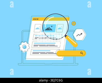 SEO audit illustration with website analysis, search ranking optimization, content indexing and seo visibility concept for digital marketing and SaaS Stock Vector