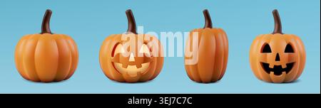 Pumpkin smile halloween 3d. Vector icon cute carved jack lantern mask, happy realistic emoji squash. Head face ghost glow and fly. Kids plastic Stock Vector