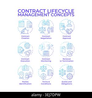 Contract lifecycle management blue gradient concept icons Stock Vector