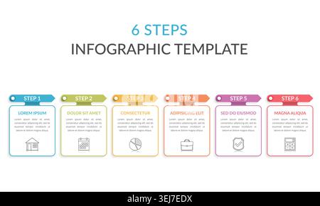 Infographic template with six elements with arrows and place for your text and icons, workflow, process chart, steps or options, vector eps10 illustra Stock Vector