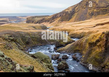 River flows between Skógafoss and Fimmvörðuháls in Iceland Stock Photo