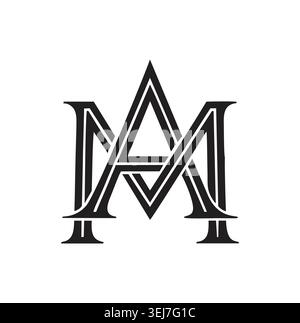 A professional and modern monogram logo design featuring the interlocking letters A and M in a classic vintage style with clean black lines. Stock Vector