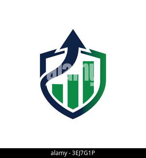 A professional financial growth logo presenting a security shield concept combined with an upward-curving blue arrow and rising green bar charts. Stock Vector