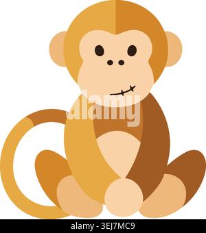 Simple flat illustration of a cute brown monkey sitting with a curled tail beige belly and a gentle face Stock Vector