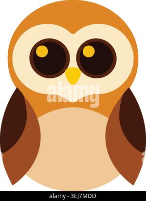 Simple flat illustration of a cute brown owl facing forward with large round eyes and small wings Stock Vector