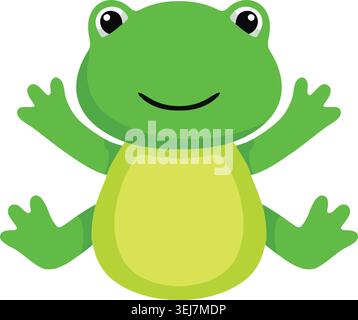 Simple flat illustration of a smiling green frog with a light green belly spread toes and raised arms Stock Vector