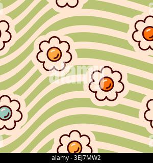 Groovy psychedelic poster with horizontal green lines and color flowers. Stock Vector