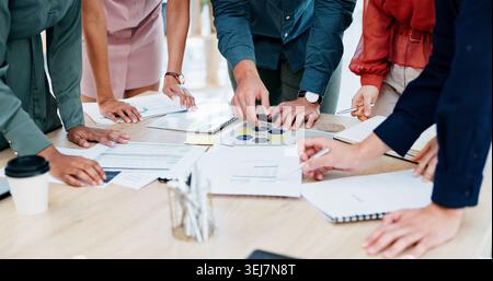 Hands, documents and meeting with team for planning, business schedule or project brainstorming. People, employees or colleagues with paperwork for Stock Photo