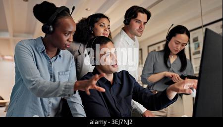 Call center, training and people on computer for online consulting, contact us and advice. Feedback, manager and workers on pc for learning for Stock Photo
