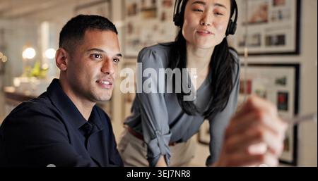 Call center, training and business people on computer at night for contact us, consulting and advice. Office, manager and workers on pc with Stock Photo