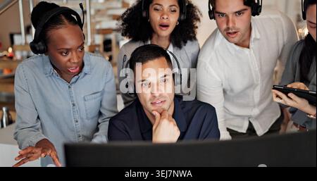 Call center, help and team of people on computer for contact us, online consulting and feedback.Training, collaboration and workers on pc with advice Stock Photo