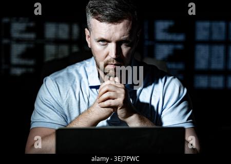 Cyber security specialist monitors network. Cyber security specialist protects data system. Cyber security specialist detects malware attack. Cyber Stock Photo