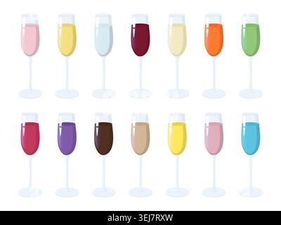 Set of fifteen wine glasses filled with liquids in vibrant colors including pink, yellow, blue, red, orange, green, purple, brown, beige, and Stock Vector