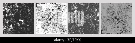 Set of four grayscale porous surface textures, including irregular patches, scattered speckles, cracked veins, and fine granular patterns, abstract Stock Vector