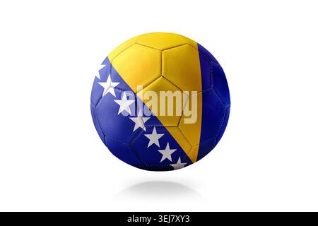 Soccer ball featuring Bosnia and Herzegovina flag colors floating on a clean white background with soft shadow, highlighting texture and national symb Stock Photo