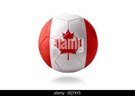 Soccer ball featuring the Canadian flag with maple leaf, isolated on a white background with soft shadow. Stock Photo