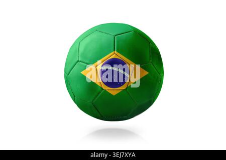 A soccer ball designed with Brazil's flag, green field and yellow diamond with blue globe, centered on a white background, studio-lit with soft shadow Stock Photo