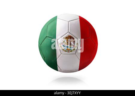 Soccer ball with Mexico flag design, including green, white, and red stripes and emblem, isolated on a white background with detailed stitching. Stock Photo