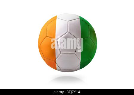 Soccer ball with orange, white and green vertical stripes representing Ivory Coast, isolated on light background with soft shadow. Stock Photo