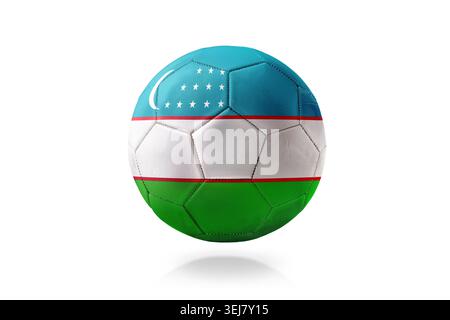 Soccer ball with Uzbekistan flag showing blue, white, green bands, red lines, crescent and stars, isolated on white background with soft shadow. Stock Photo