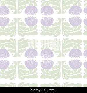 Seamless Flower Folk Pattern. Symmetrical Naive Floral Texture with Pencil Hatching. Hand-Drawn Pastel Purple Bloom and Green Leaf Repeatable on White Stock Vector
