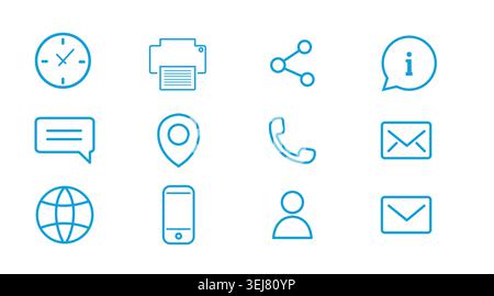 Mega set of 12 contact and communication icons: minimalist business mail, phone, location pin, user, and sharing symbols, vector outline UI collection Stock Vector