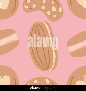 Sweet Cookie Seamless Pattern with Cute Flat Vector Pastries on Pink Background Stock Vector