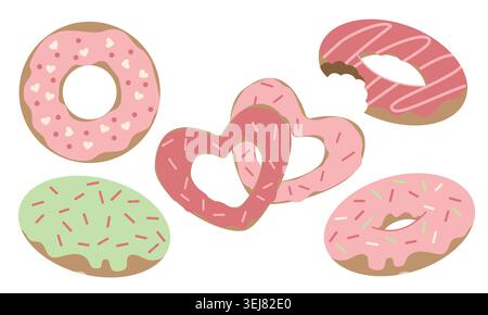 Cute Donut Set Vector Illustration with Pink Frosting and Sprinkles Stock Vector