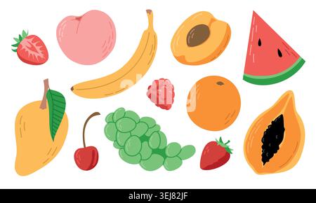 Tropical Fruits Set: Banana, Mango, Watermelon, Grapes Stock Vector