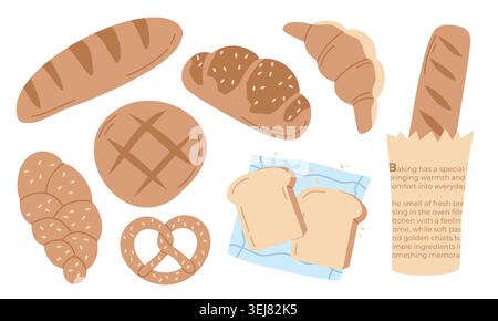 Bakery Product Vector Set with Hand Drawn Fresh Bread, Croissant and Pretzel Isolated on White Stock Vector