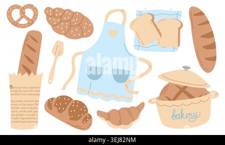 Bakery Vector Set with Fresh Bread, Kitchen Apron and Baking Tools Isolated on White Stock Vector