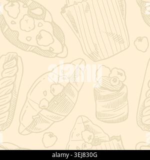 Vintage Croissant Bakery Seamless Pattern with Hand Drawn Pastries Stock Vector