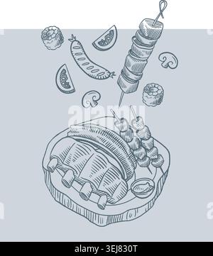 Grilled Pork Ribs and BBQ Shish Kebab Sketch Illustration on Cutting Board Stock Vector