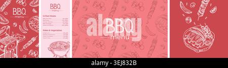 BBQ Menu Template and Barbecue Sketch Elements Banner Set Stock Vector