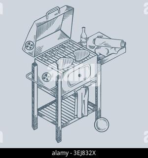 Vintage BBQ Grill Hand Drawn Illustration Vector Stock Vector