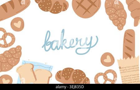 Bakery Background Template with Hand Drawn Bread Frame and Lettering Text Stock Vector