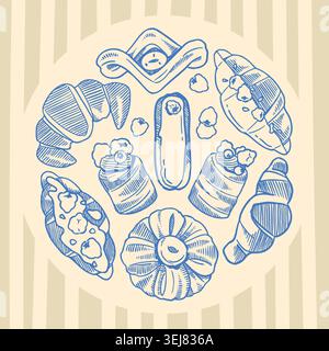 Round composition of hand drawn bakery and pastry doodles in blue ink Stock Vector