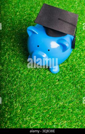 Saving money for education with a blue piggy bank wearing a graduation cap on green grass Stock Photo
