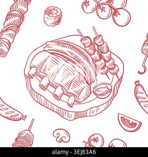 Vintage BBQ Food Seamless Pattern Hand Drawn Vector Illustration Stock Vector