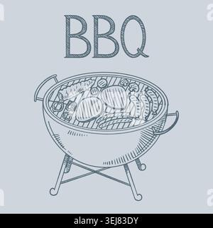 BBQ Grill Vector Illustration with Hand Drawn Charcoal Kettle Grill and Text Stock Vector