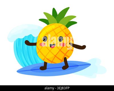 Flat design illustration of a cute happy pineapple character surfing on a blue surfboard with a big wave behind it, isolated on white background, summ Stock Vector