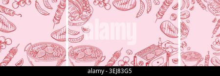 BBQ Social Media Banner Set with Hand Drawn Barbecue Food Borders and Copy Space Stock Vector