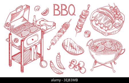 Hand Drawn BBQ Grill Set Vector Illustration Collection Stock Vector